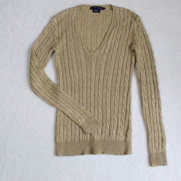 Ralph Lauren Sweater Women Small Tan Linen Cable Knit Metallic Preppy Tennis - Picture 1 of 7